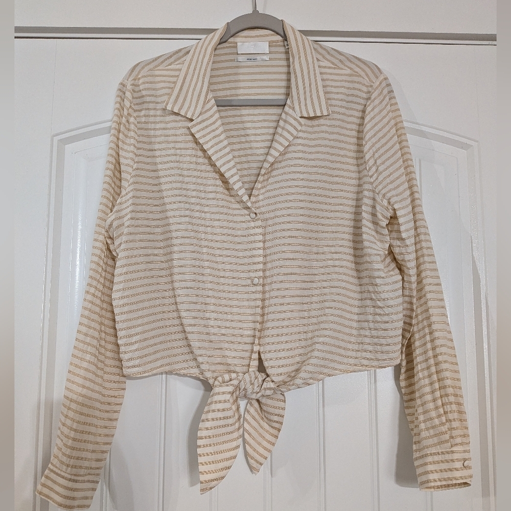7 For All Mankind Linen Cotton Italian Fabric Blend Striped Button Down Blouse